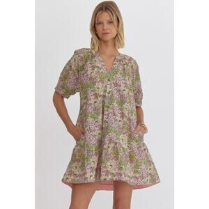 NWT Entro Pink Green Floral Cotton Mini Dress with Pockets Large